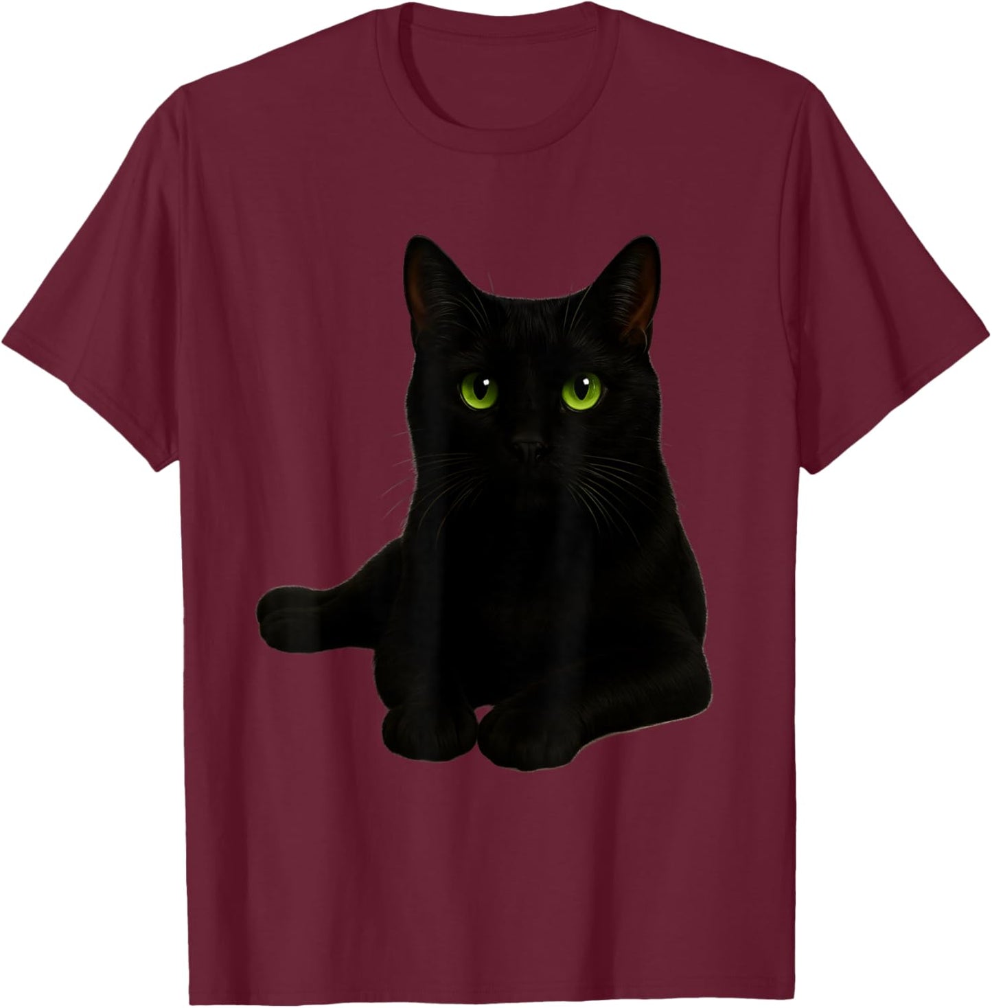 Realistic Portrait of Black Cat with Green Eyes T-Shirt - T-Shirt | Maroon
