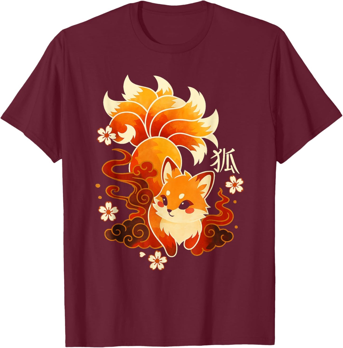 Fox Kawaii Kitsune Japanese Nine-Tailed Sakura T-Shirt - T-Shirt | Maroon