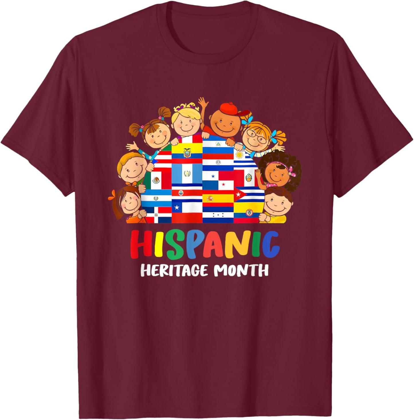 Kids National Hispanic Heritage Month Children Latin Flags T-Shirt - T-Shirt | Maroon
