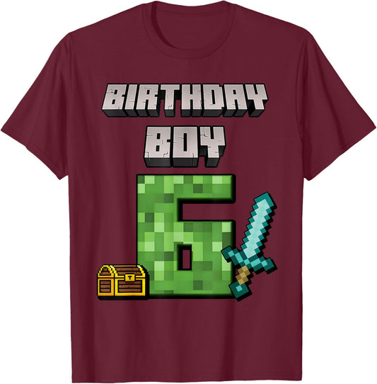 Birthday Boy 6th Birthday I'm 6 Year Old Gamer Pixel T-Shirt - T-Shirt | Maroon