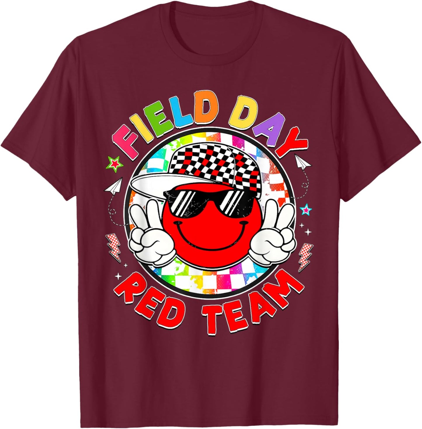Field Day Red Team Smile Face Peace Sign Men Women Kids T-Shirt - T-Shirt | Maroon