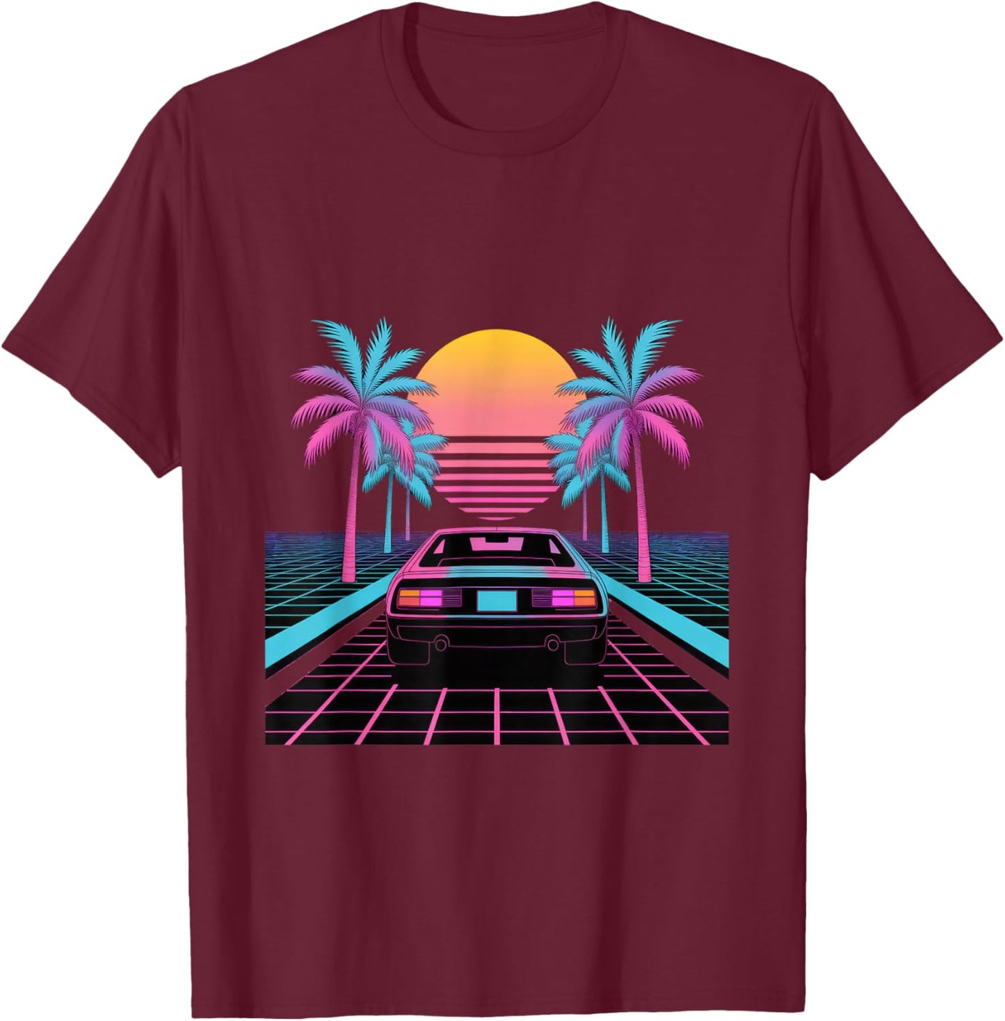 Retro Sunset Car Synthwave Aesthetic T-Shirt - T-Shirt | Maroon