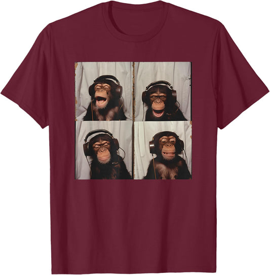 Monkey Wearing Headphones Art Chimp Animal Photobooth T-Shirt - T-Shirt | Maroon