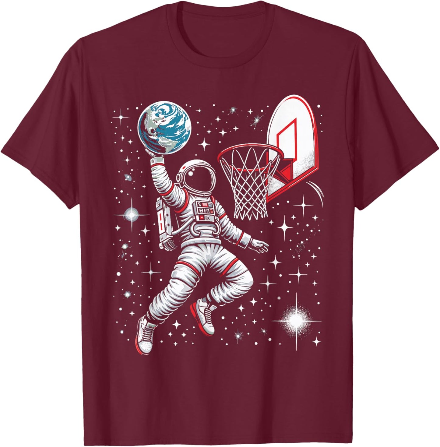 Astronaut Basketball Shirt Space Spaceman Slam Dunking Earth T-Shirt - T-Shirt | Maroon