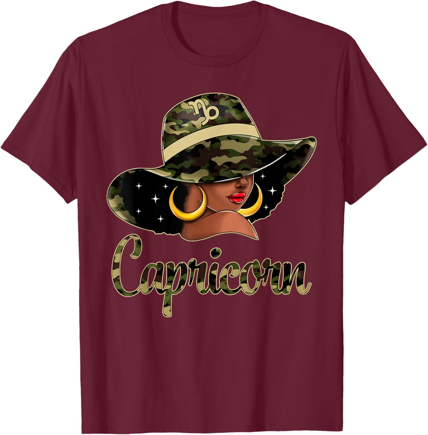 Capricorn Queen Black Woman With Hat Camo Afro Woman Zodiac T-Shirt - T-Shirt | Maroon