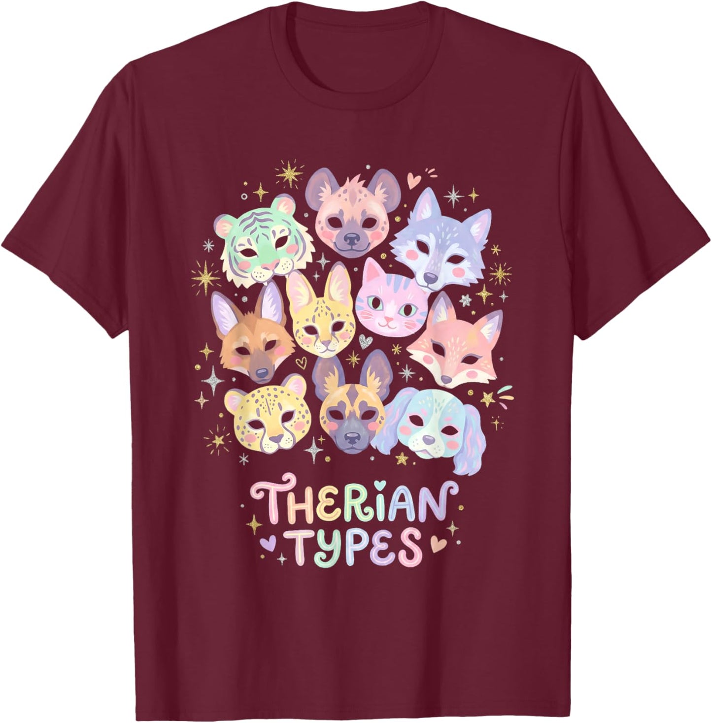 Therian Types Animal Identity Faces Pastel Art T-Shirt - T-Shirt | Maroon