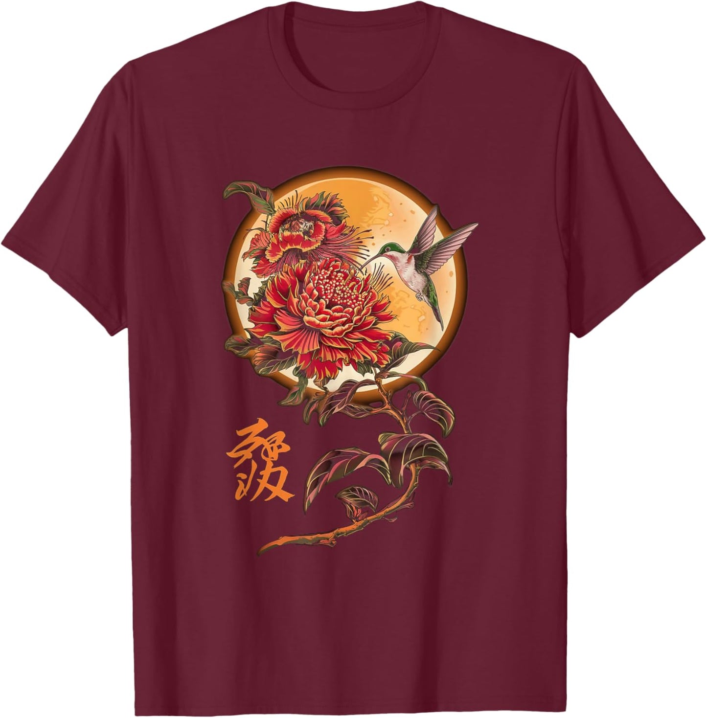 Vibrant Life Hummingbird with Hibiscus Moon Japanese Style T-Shirt - T-Shirt | Maroon