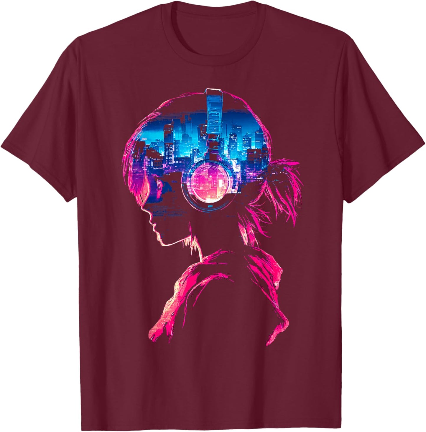 Anime Music Helmet Girl T-Shirt - T-Shirt | Maroon