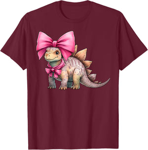 Coquette Bow Stegosaurus Dinosaur Girl Mom Pink Mother's Day T-Shirt - T-Shirt | Maroon