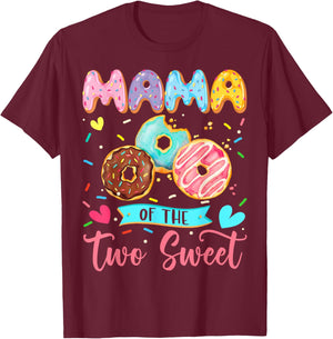 Mama Of The Two Sweet 2Nd Birthday Girl Donut Matching T-Shirt - T-Shirt | Maroon