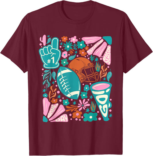 Retro Cute Touchdown Season Game Day Teal Football Mom T-Shirt - T-Shirt | Maroon