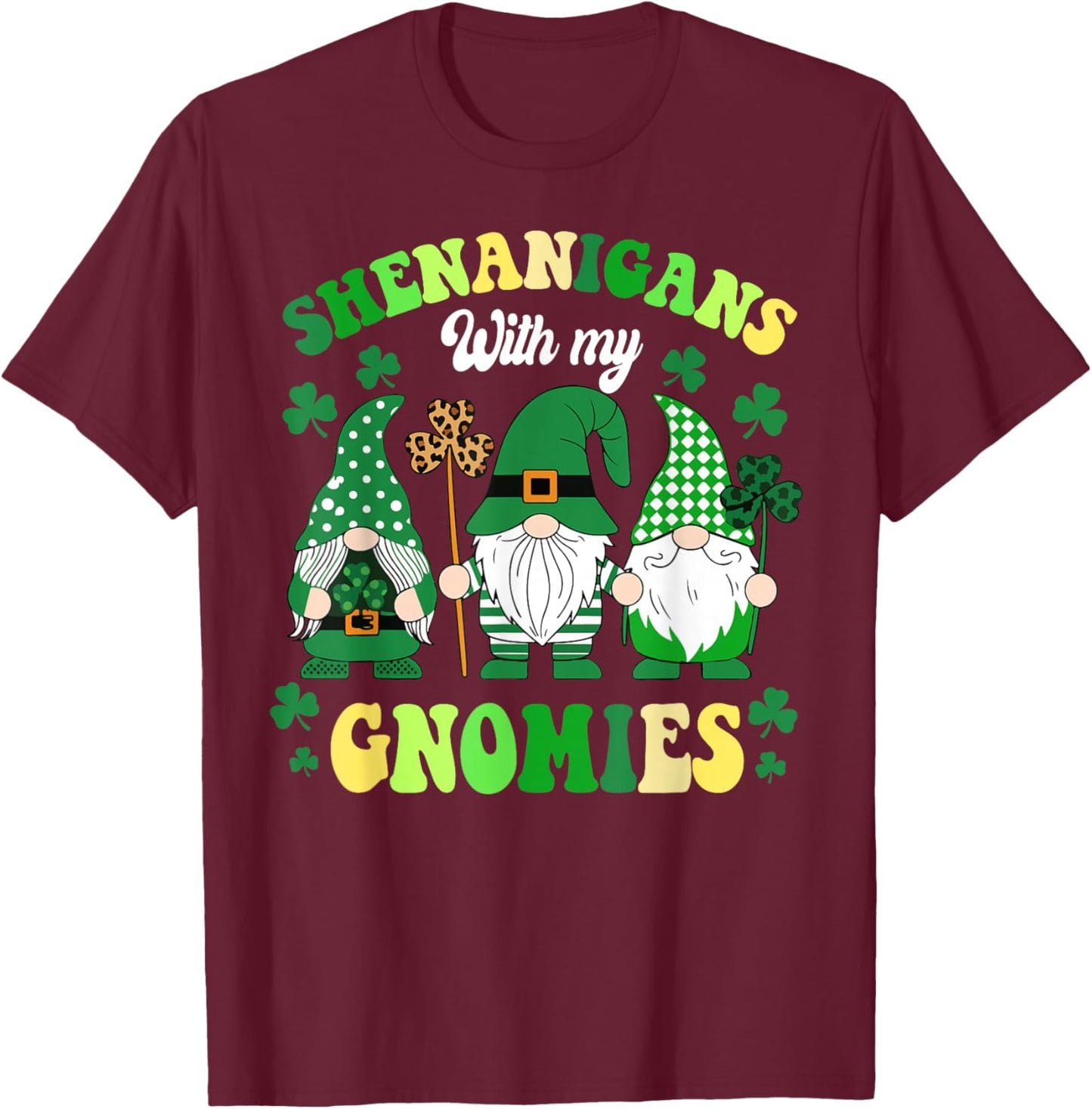 Groovy St Patricks Day Lucky Shamrock Gnomes Irish Women T-Shirt - T-Shirt | Maroon