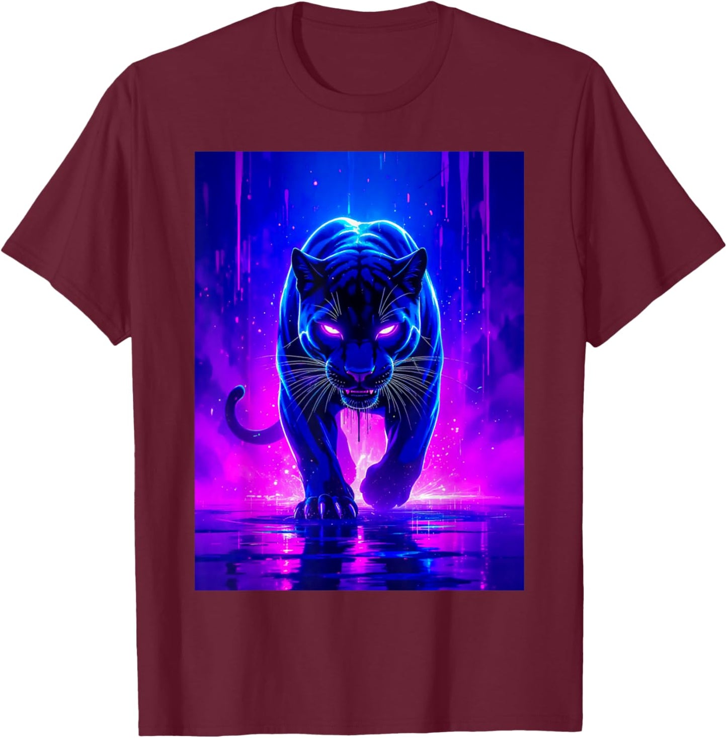 A Fierce Panther Glows in Purple and Pink Electric Flames T-Shirt - T-Shirt | Maroon