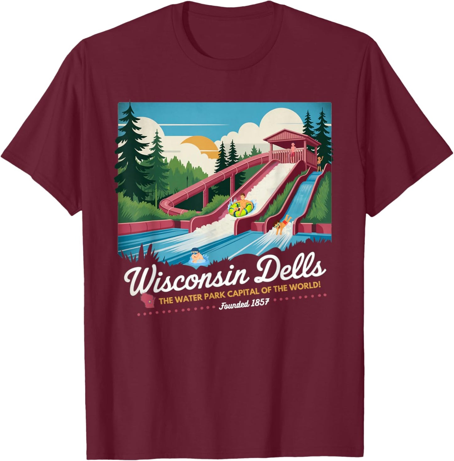Wisconsin Dells Water Park Capital Vintage Travel Poster T-Shirt - T-Shirt | Maroon