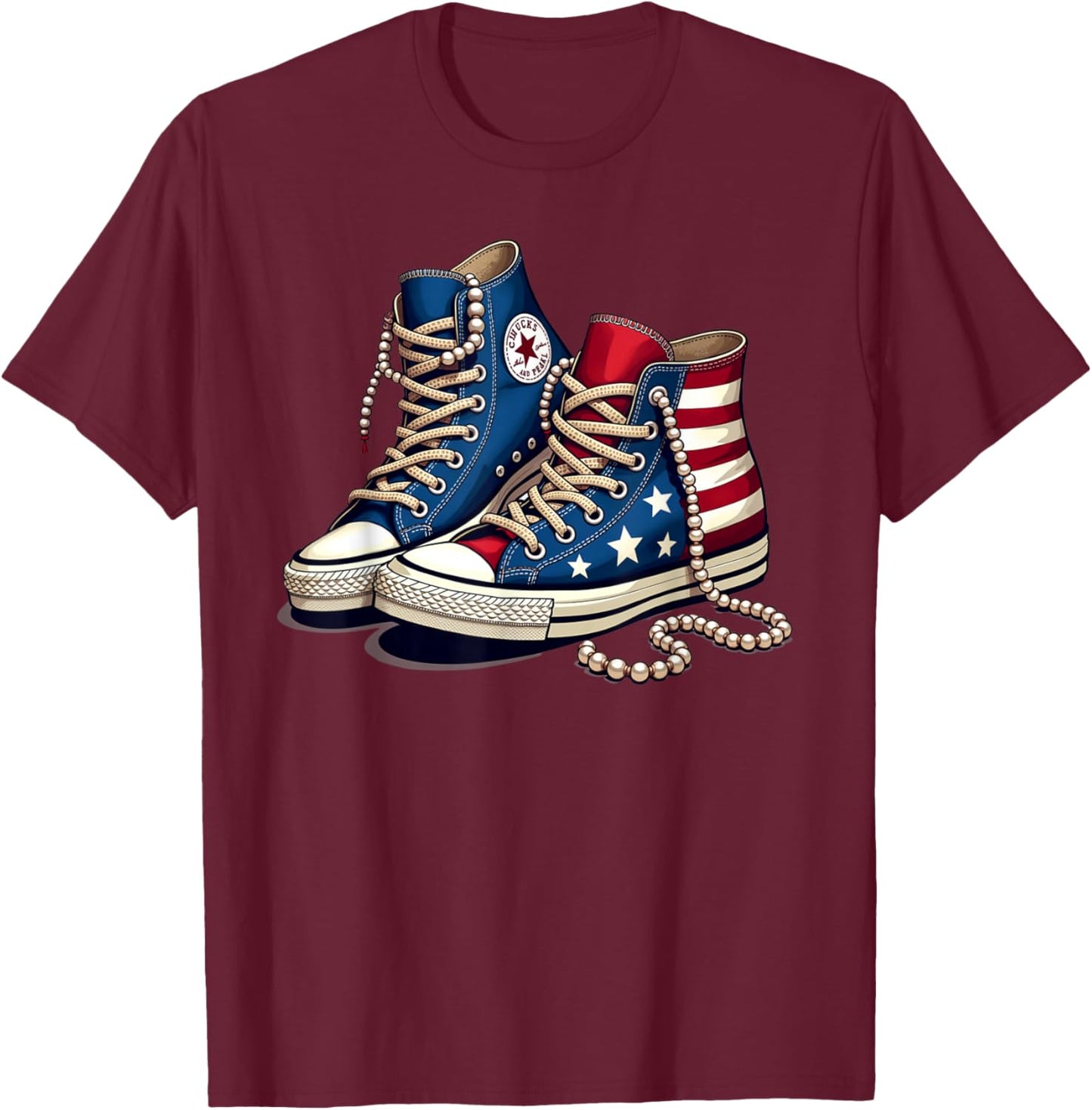 Women Girls Chucks and Pearls Cute Shoes Bling 2024 T-Shirt - T-Shirt | Maroon