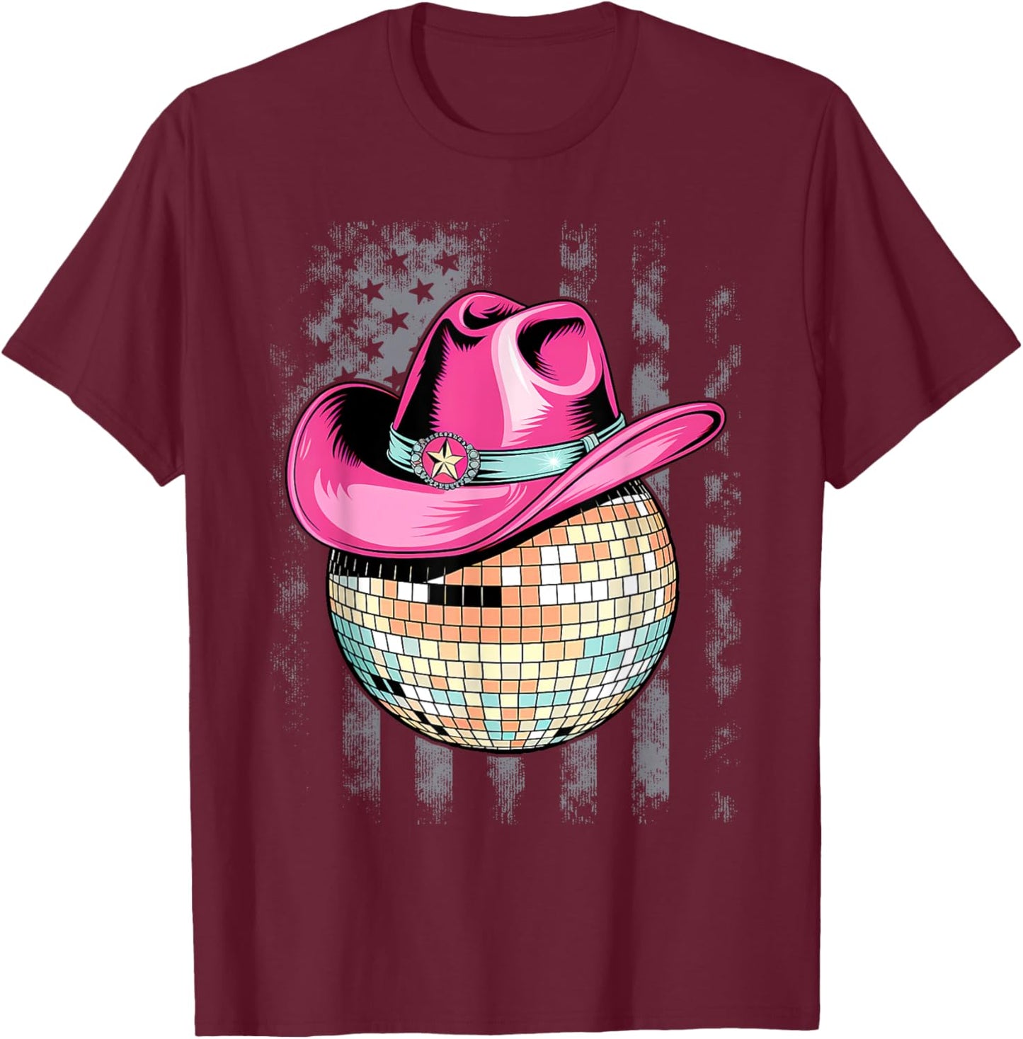 Retro Style Pink Cowboy Hat Club Disco Ball T-Shirt - T-Shirt | Maroon