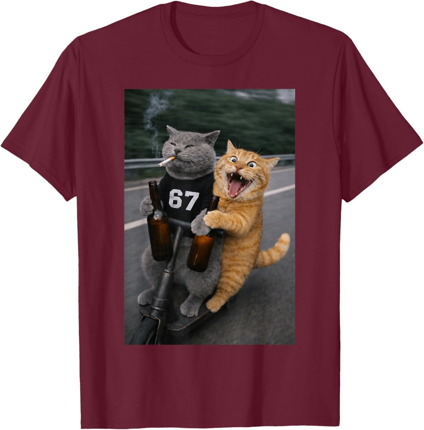 Funny cat Smoking Cigarette and Drinking Wearing 67 T-Shirt - T-Shirt | Maroon