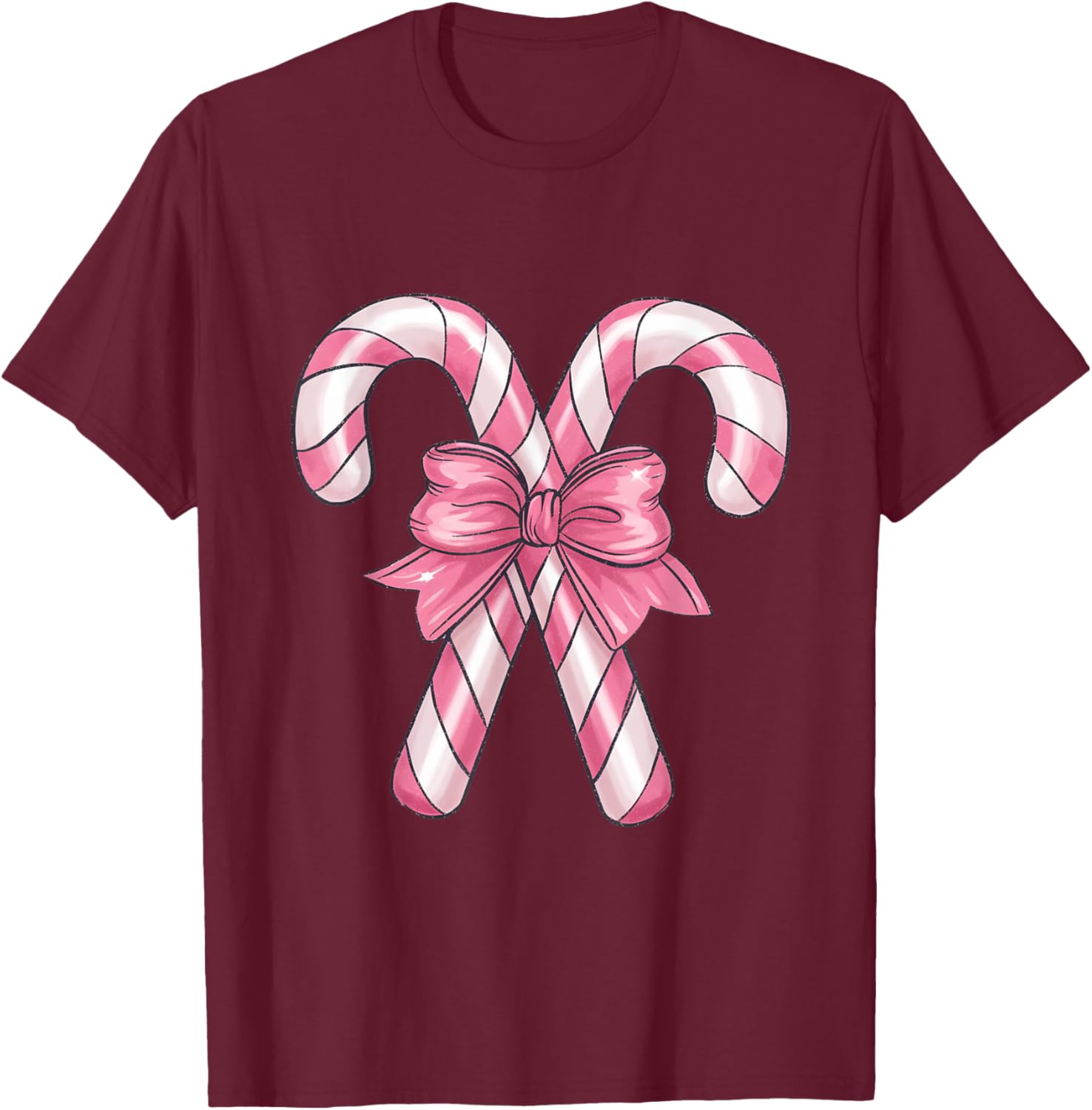 Candy Cane Christmas- Pretty Pink Bow T-Shirt - T-Shirt | Maroon
