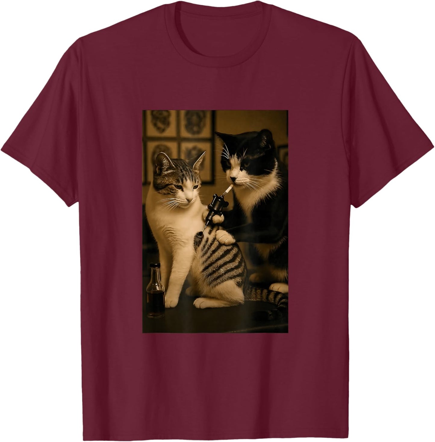 Vintage Katze Raucht Tattoo Tätowierte Kätzchen Künstler T-Shirt - T-Shirt | Maroon