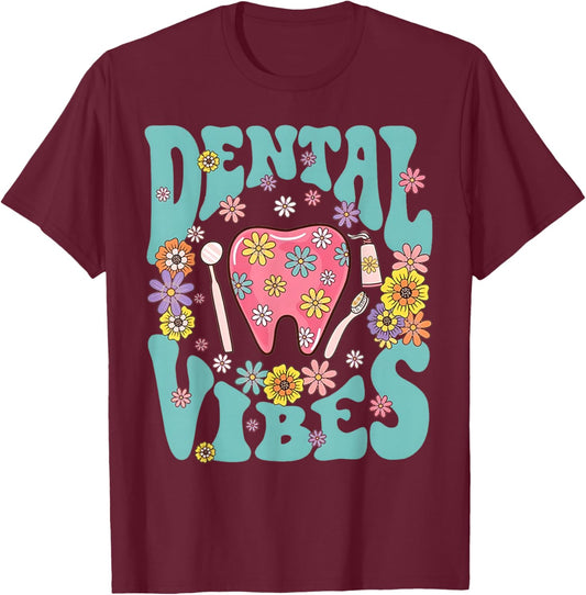 Retro Groovy Dental Vibes Funny Dentist Hygienist Men Women T-Shirt - T-Shirt | Maroon