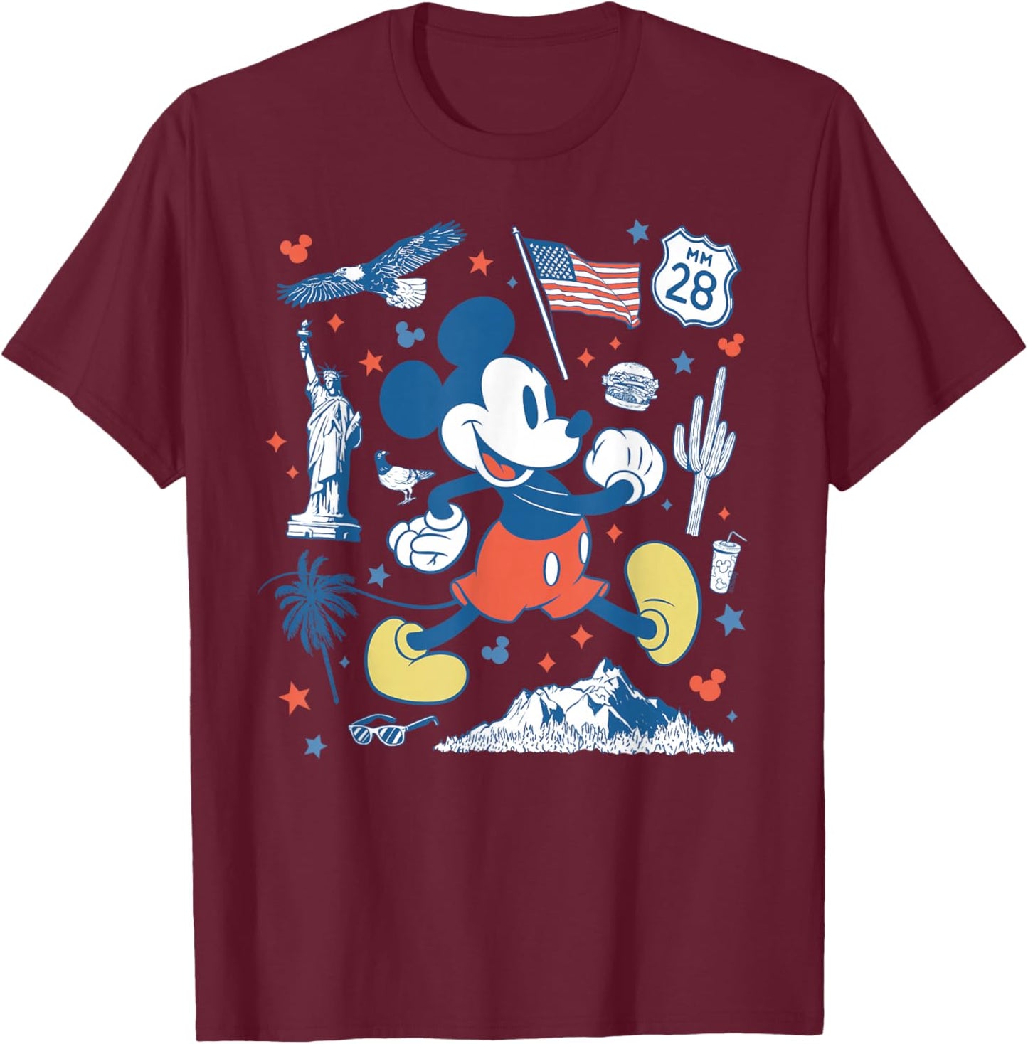 Disney Mickey Mouse USA Americana Collage 4th of July 250th T-Shirt - T-Shirt | Maroon