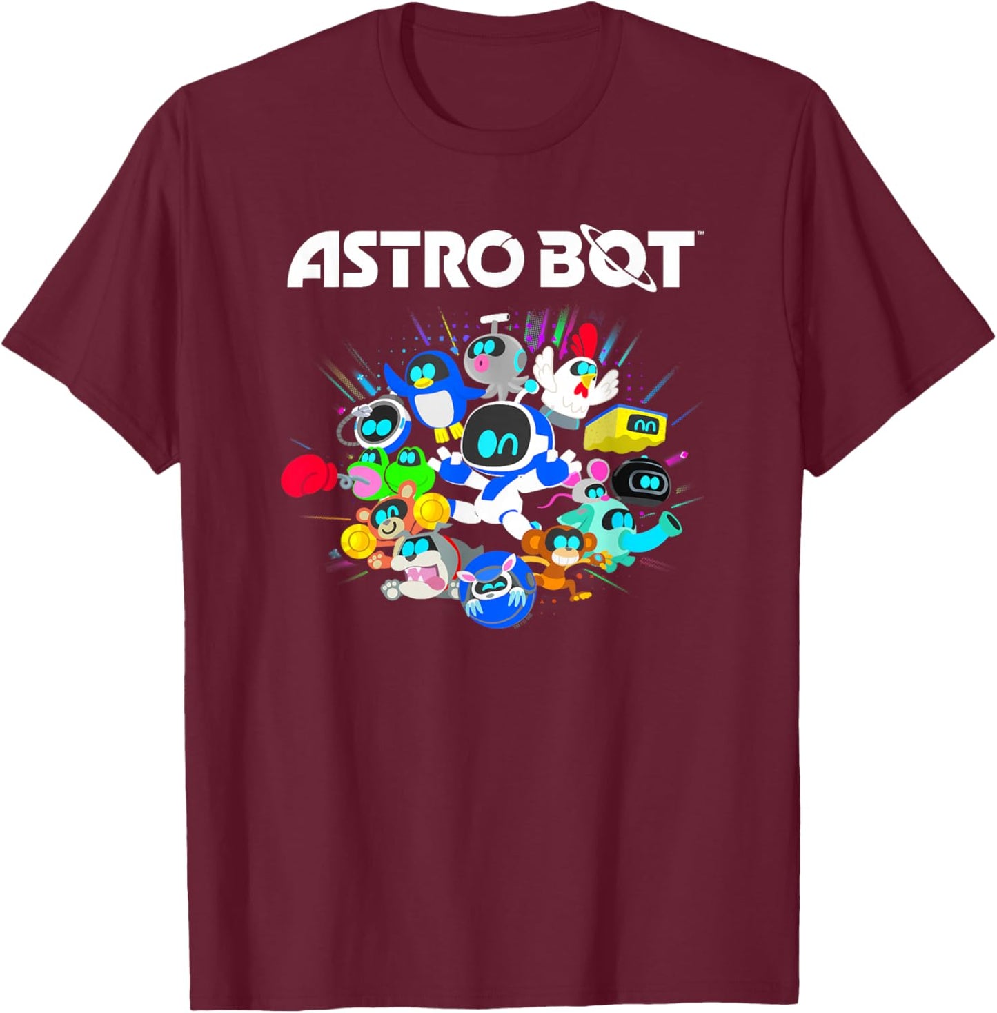 Astro Bot and Friends Character Burst Colorful Video Game T-Shirt - T-Shirt | Maroon