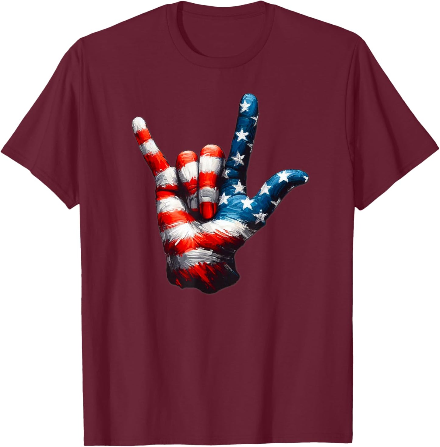 ASL USA Flag 'Love Sign' for Independence and Veterans Day T-Shirt - T-Shirt | Maroon
