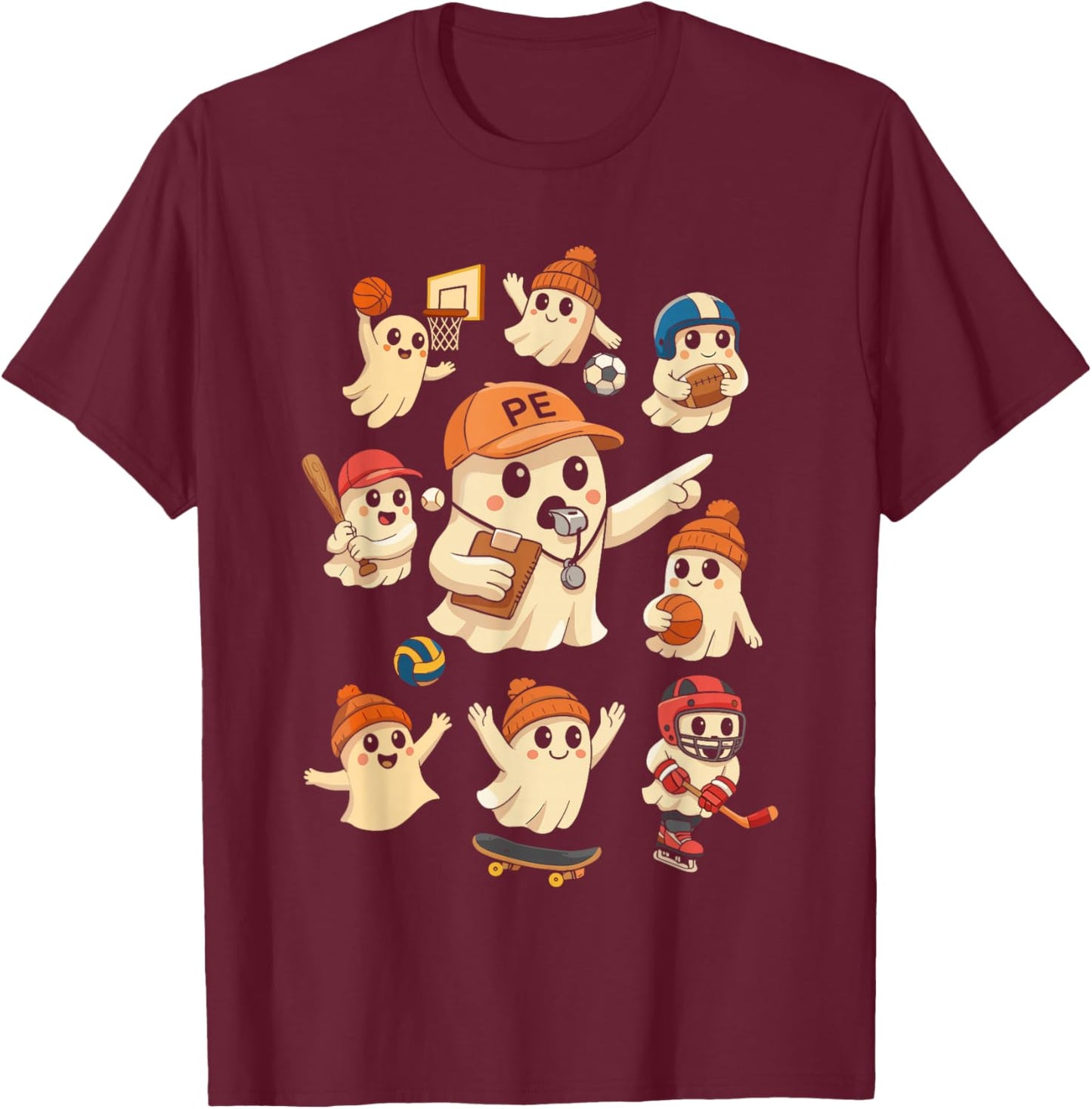 Halloween PE Teacher Ghost Playing Sports Physical Education T-Shirt - T-Shirt | Maroon