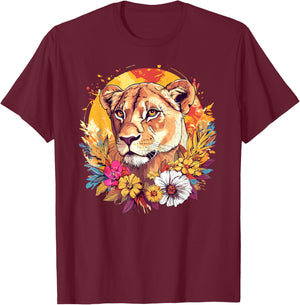 Lioness With Flowers Majestic Sunset T-Shirt - T-Shirt | Maroon