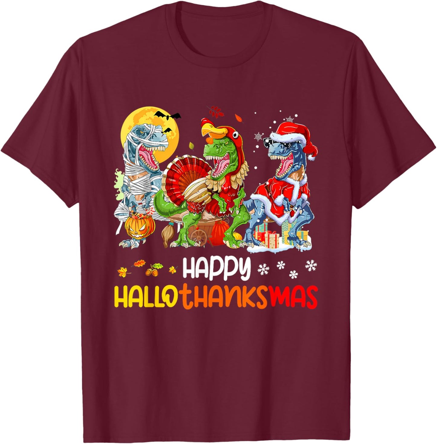 Happy Hallothanksmas Thanksgiving Dinosaur T Rex Turkey T-Shirt - T-Shirt | Maroon