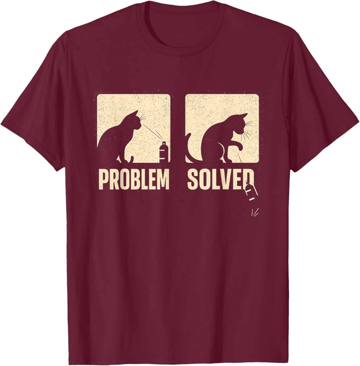 Problem Cat Solved Funny Illustration Dark Humor Minimal T-Shirt - T-Shirt | Maroon