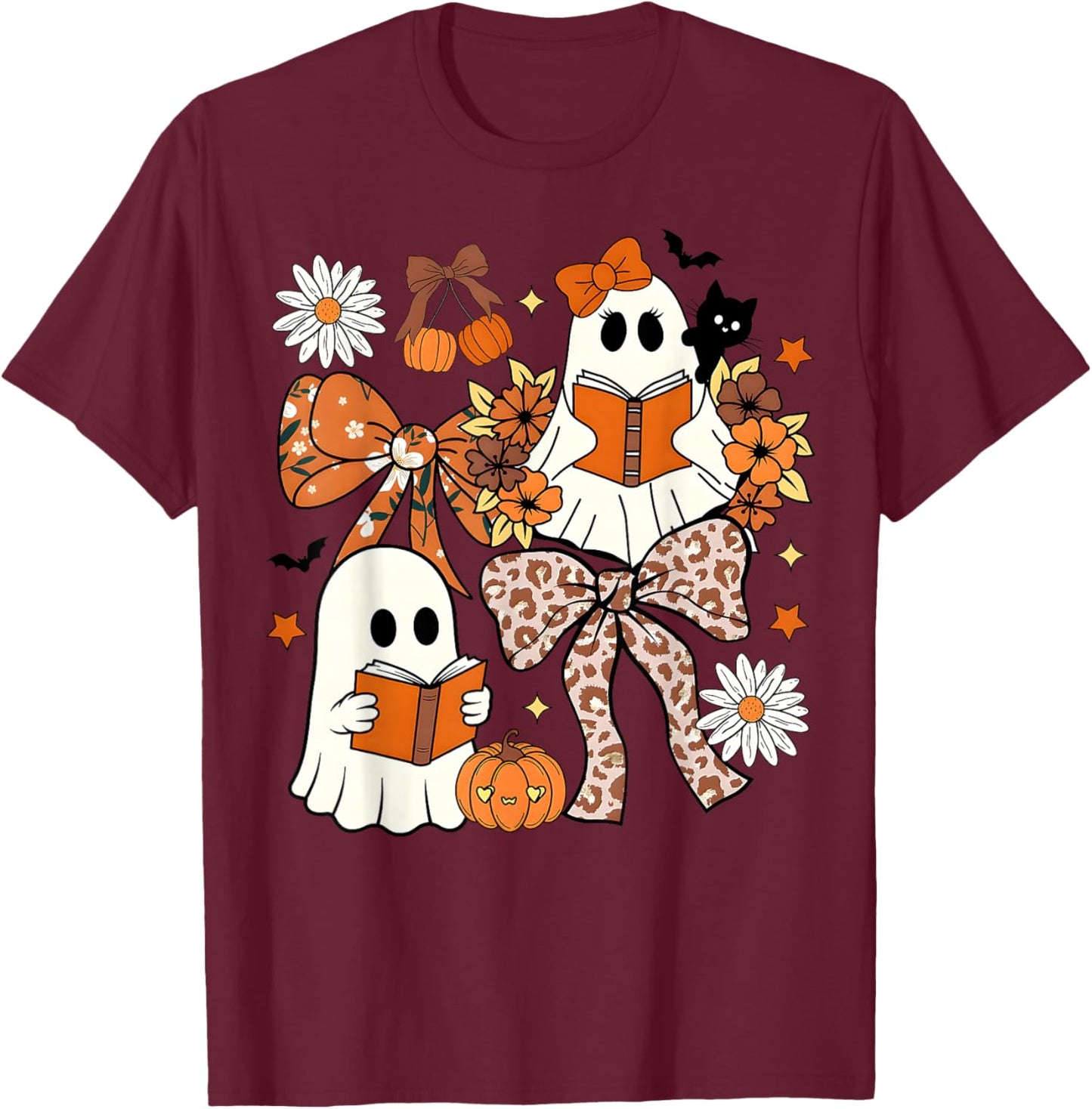 Ghost Reading Books Leopard Pumpkin Coquette Bow Halloween T-Shirt - T-Shirt | Maroon