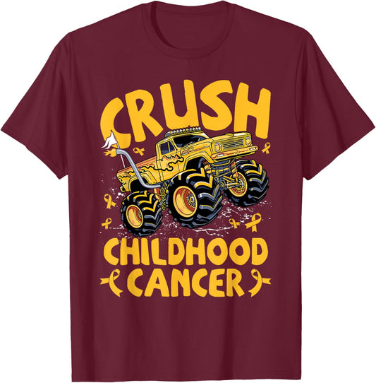 Crush Childhood Cancer Awareness Monster Truck Gold Ribbon T-Shirt - T-Shirt | Maroon