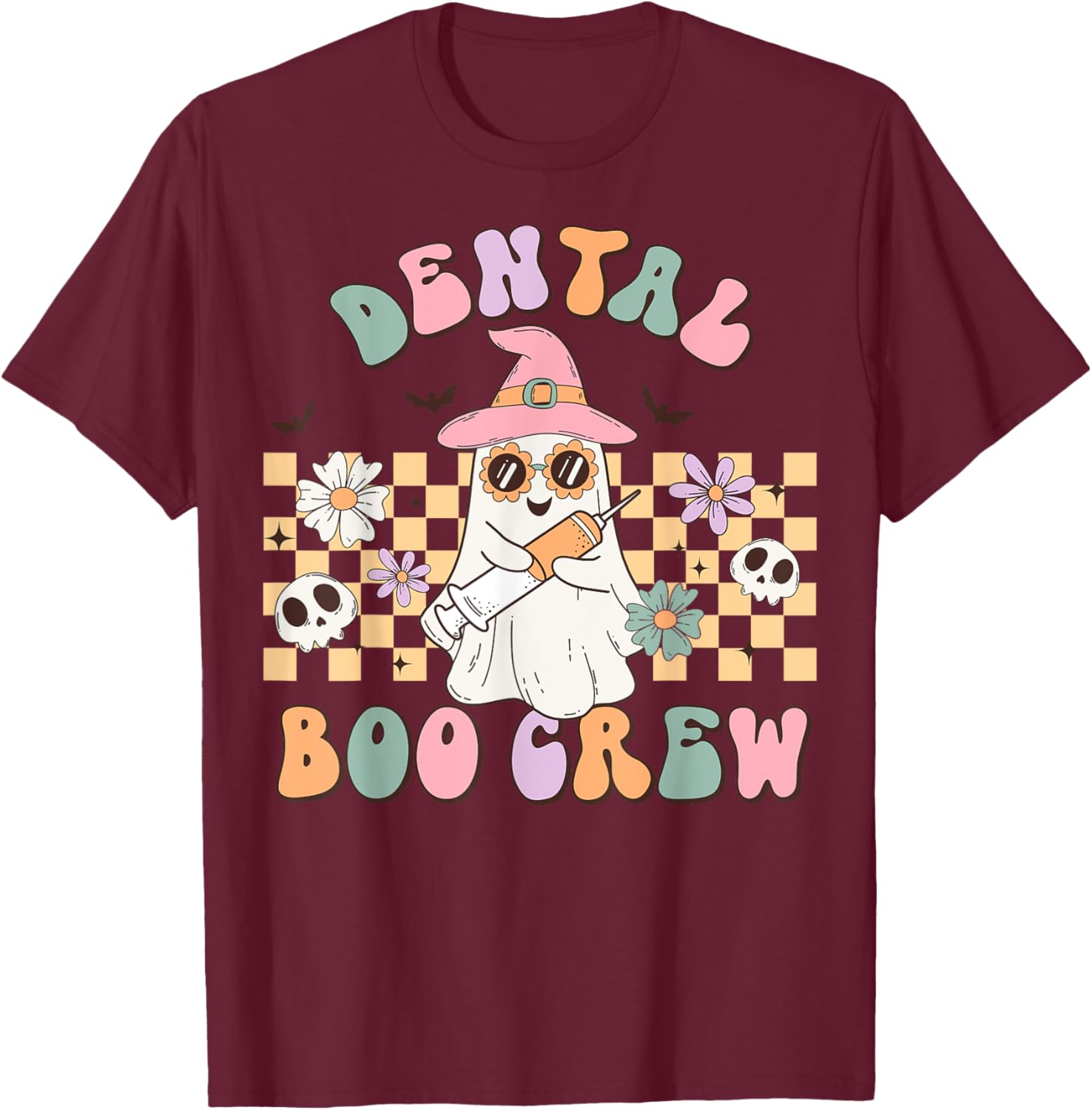 Dental Boo Crew Retro Halloween Dental Assistant T-Shirt - T-Shirt | Maroon
