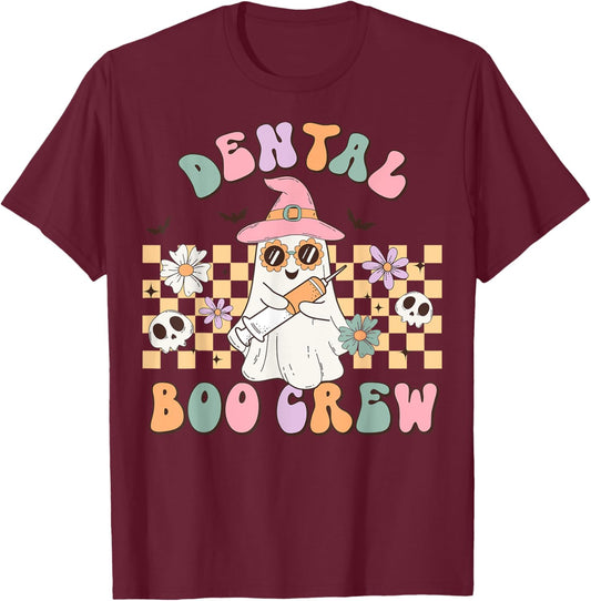 Dental Boo Crew Retro Halloween Dental Assistant T-Shirt - T-Shirt | Maroon