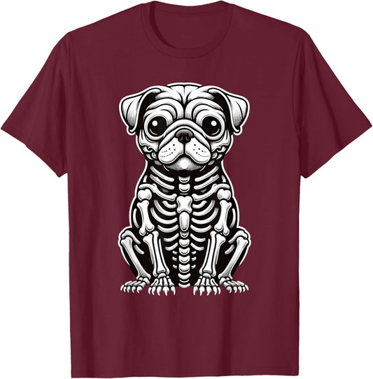 Dog Pug Skeleton Halloween T-Shirt - T-Shirt | Maroon