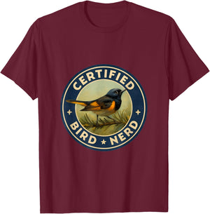 Certified Bird Nerd – American Redstart Vintage Badge T-Shirt - T-Shirt | Maroon