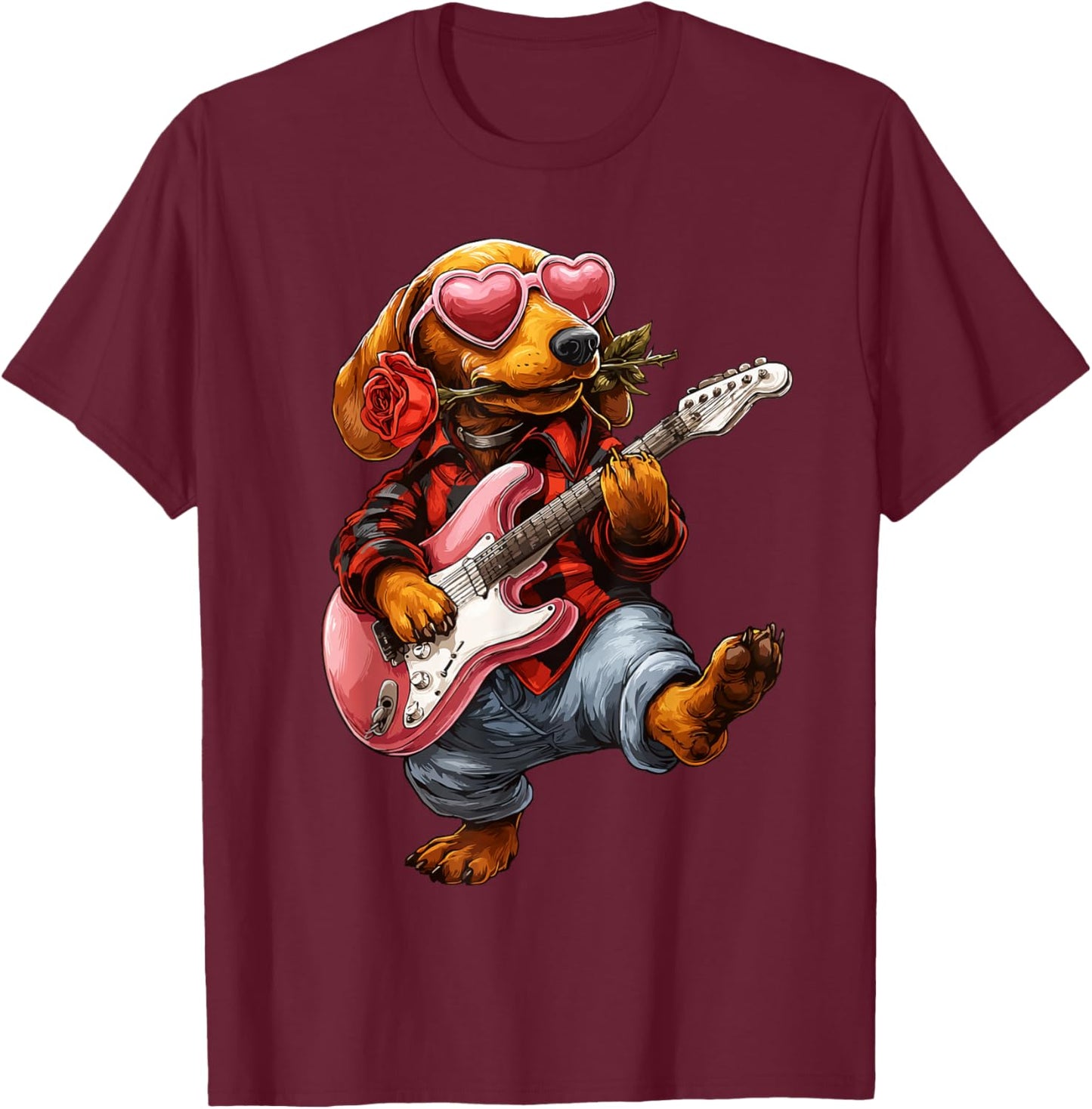 Cute Dachshund Playing Guitar Guitarist Dog Valentine's Day T-Shirt - T-Shirt | Maroon