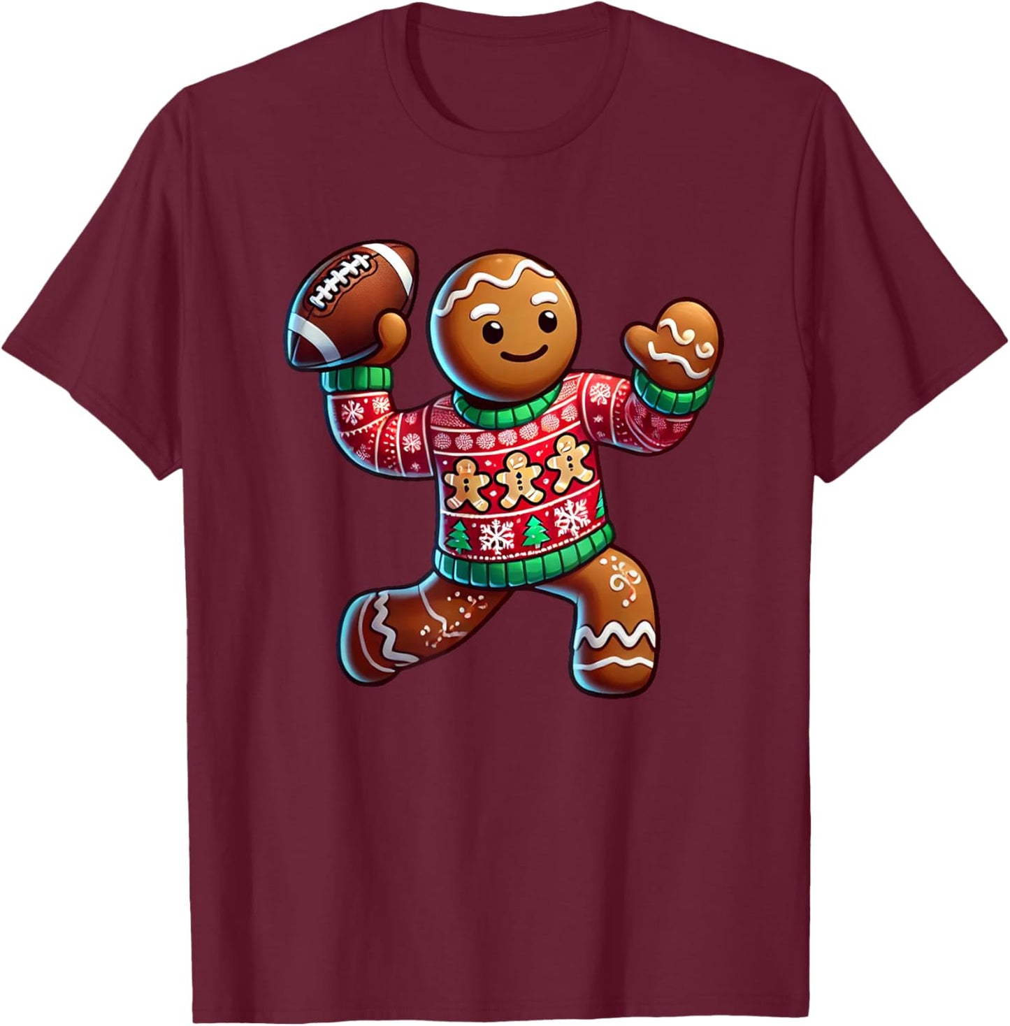 Football Christmas Gingerbread Man Football Ugly Christmas T-Shirt - T-Shirt | Maroon