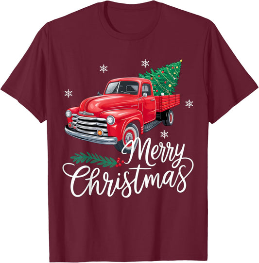 Vintage Wagon Red Truck Christmas Tree Pajama Family Xmas T-Shirt - T-Shirt | Maroon