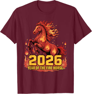 Lunar New Year 2026 Horoscope Fire Horse Astrology Art T-Shirt - T-Shirt | Maroon