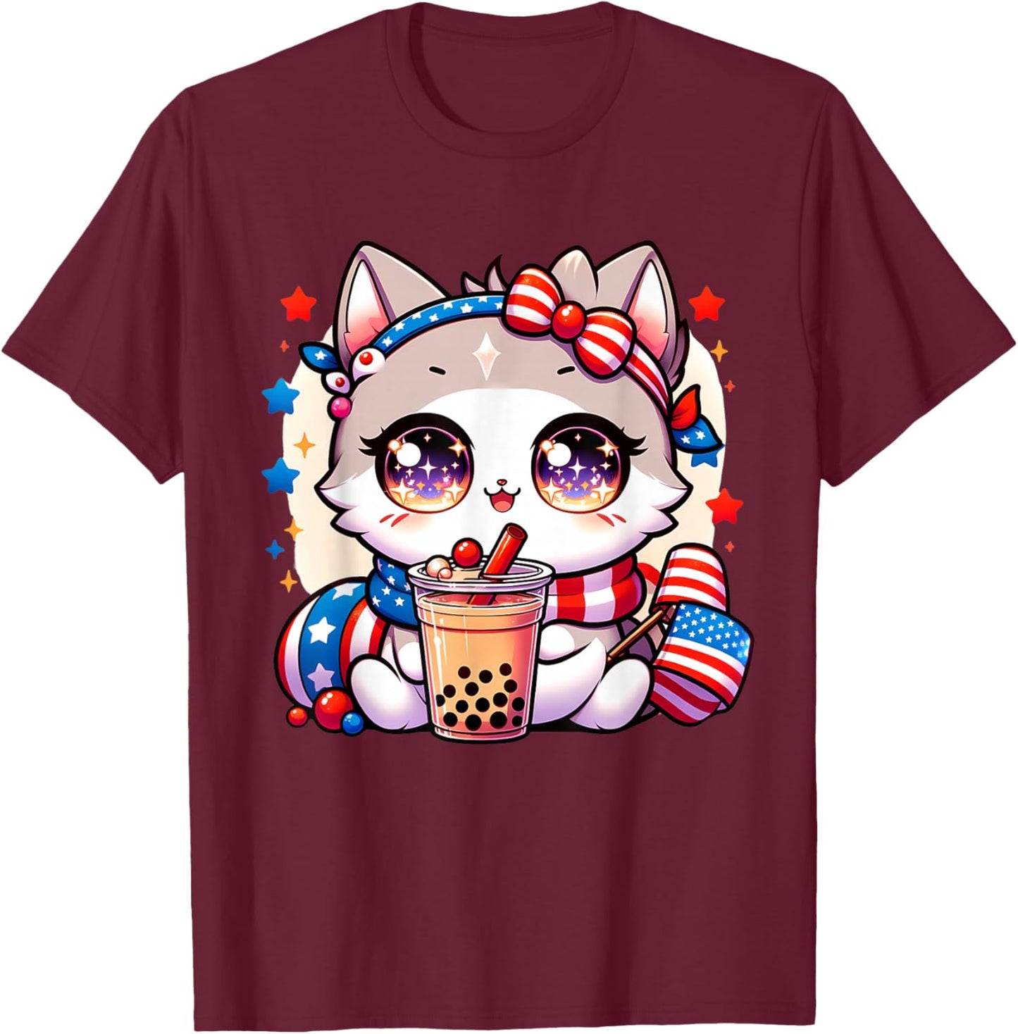 Cute 4th of July Cat Shirt Girls Kawaii Anime Boba Tea USA T-Shirt - T-Shirt | Maroon