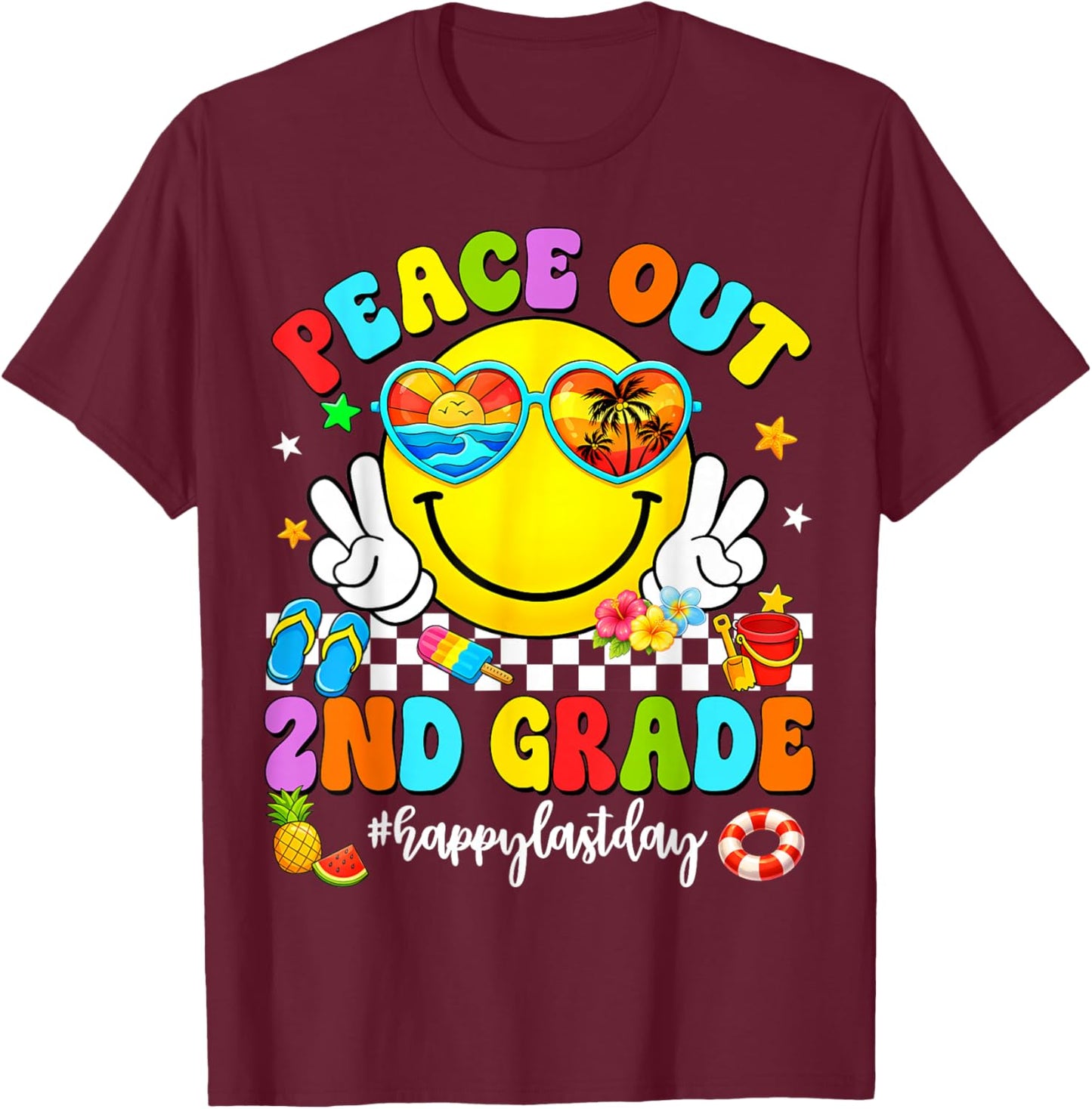 Last Day of School Summer Peace Out 2nd Grade Kids Boy Girl T-Shirt - T-Shirt | Maroon