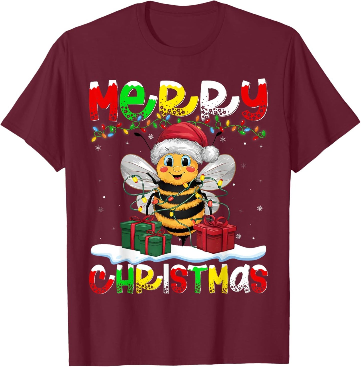 Xmas Lighting Santa Hat Bee Merry Christmas T-Shirt - T-Shirt | Maroon