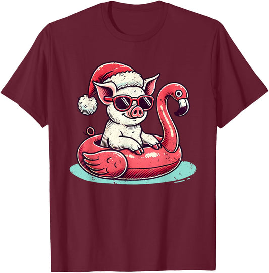Funny Christmas in July Pig Mom Santa Flamingo Floatie T-Shirt - T-Shirt | Maroon