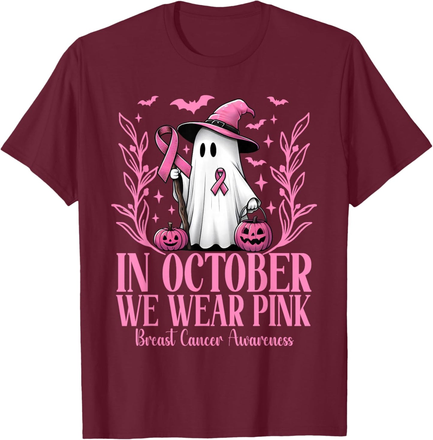 In October We Wear Pink Breast Cancer Witch Ghost Halloween T-Shirt - T-Shirt | Maroon