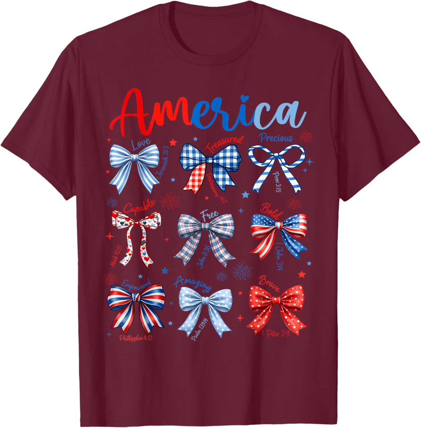 4th of July America Coquette Bows Christian Bible Women Girl T-Shirt - T-Shirt | Maroon