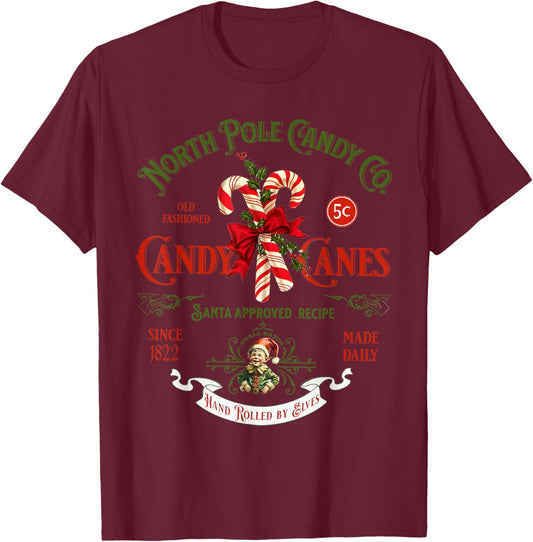 Christmas Retro Old Fashioned Candy Cane North Pole T-Shirt - T-Shirt | Maroon