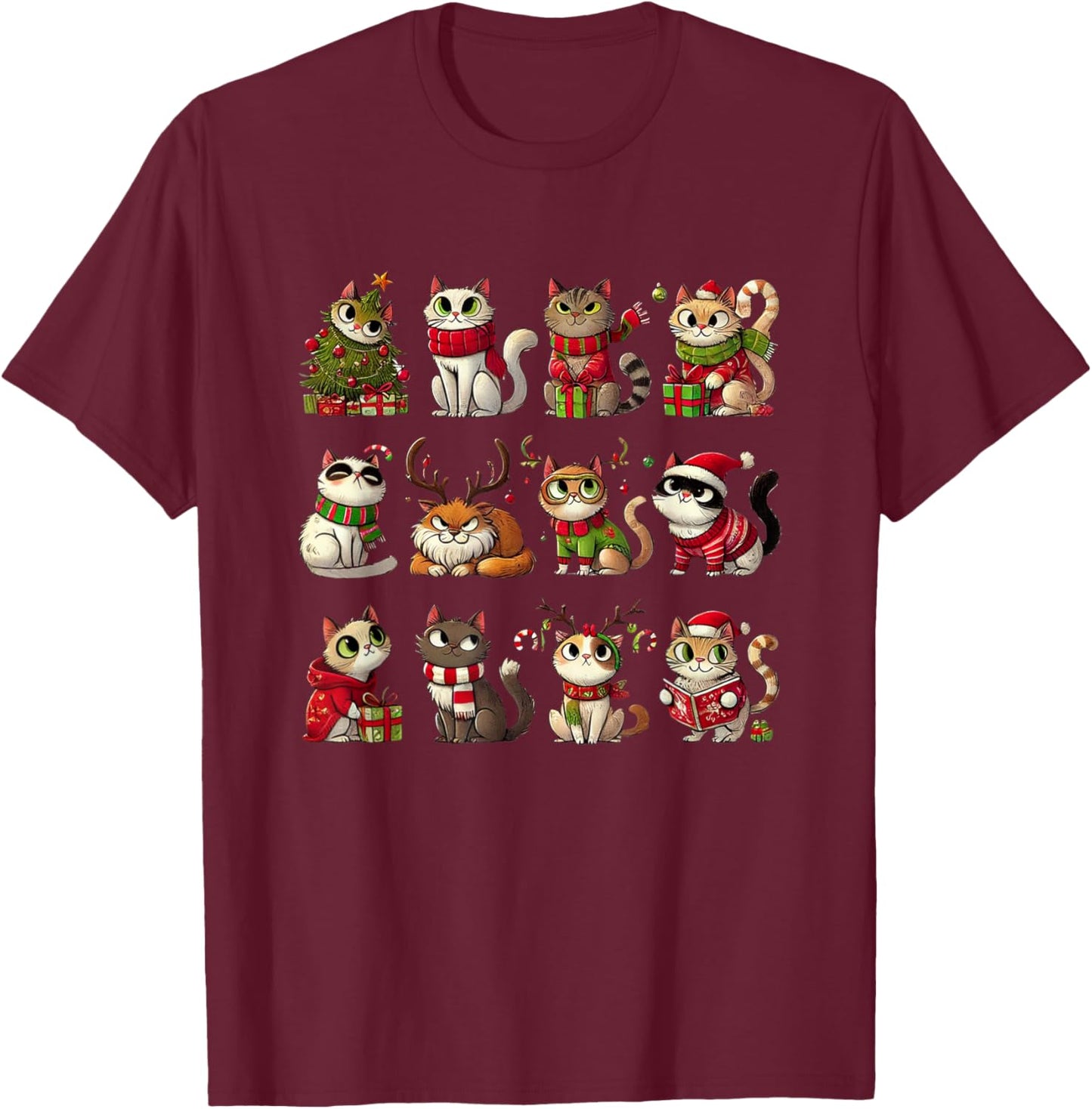 Cat Christmas Shirt Reindeer Santa Xmas Holiday Men Women T-Shirt - T-Shirt | Maroon