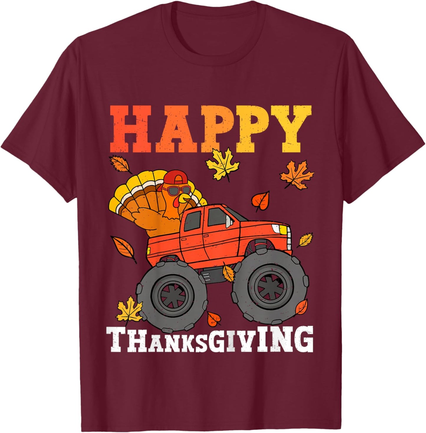 Kids Monster Truck Turkey Happy Thanksgiving Kids Toddler Boys T-Shirt - T-Shirt | Maroon